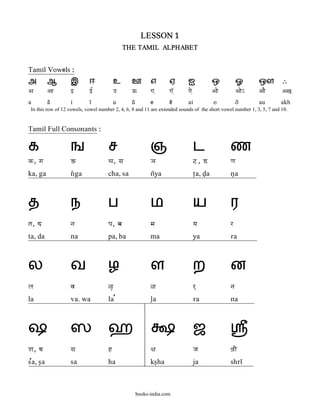 LESSON 1
                                              THE TAMIL ALPHABET


Tamil Vowels :
அ          ஆ       இ        ஈ            உ      ஊ          எ       ஏ       ஐ               ஒ          ஓ              ஔ     `
A          Aa      }        }|           q      Q          ]       ]â      ]e              Aae        Aae~           AaE   ASa`
a          a@      i        &            u      u@         e       e@      ai              o          o@             au    akh
 In this row of 12 vowels, vowel number 2, 4, 6, 8 and 11 are extended sounds of the short vowel number 1, 3, 5, 7 and 10.


Tamil Full Consonants :

க                  ங                 ச                     ஞ                    ட                ண
k, ga              G                 ca, sa                Øa                   @, D             Na
ka, ga             n[ga              cha, sa               n~ya                 t>a, d<a         n<a             .



த                  ந                 ப                     ம                    ய                ர
ta, d              na                pa, ba                ma                   ya               r
ta, da             na                pa, ba                ma                   ya               ra              .



ல                  வ                 ழ                     ள                    ற                ன
La                 va                <[                    <                    r`               na
la                 va. wa            la}                   l<a                  ra               na              .



ஷ                  ஸ                 ஹ                                          ஜ
oa, Pa             sa                h                     xa                   ja               OaRI
s{a, s<a           sa                ha                    ks<ha                ja               shr&        .



                                                     books-india.com
 