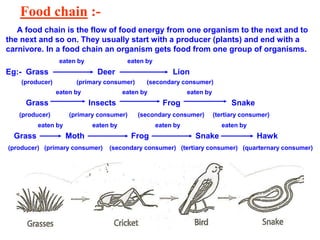 Food chain :-
A food chain is the flow of food energy from one organism to the next and to
the next and so on. They usually start with a producer (plants) and end with a
carnivore. In a food chain an organism gets food from one group of organisms.
eaten by eaten by
Eg:- Grass Deer Lion
(producer) (primary consumer) (secondary consumer)
eaten by eaten by eaten by
Grass Insects Frog Snake
(producer) (primary consumer) (secondary consumer) (tertiary consumer)
eaten by eaten by eaten by eaten by
Grass Moth Frog Snake Hawk
(producer) (primary consumer) (secondary consumer) (tertiary consumer) (quarternary consumer)
 