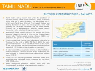 2222FEBRUARY 2017 For updated information, please visit www.ibef.org
TAMIL NADU BLEND OF TRADITION AND TECHNOLOGY
PHYSICAL...