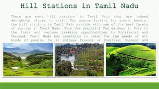 Hill Stations in Tamil Nadu
There are many hill stations in Tamil Nadu that are indeed
delightful places to visit. For anyone looking for scenic beauty,
the hill stations in Tamil Nadu provide with one of the best facets
of tourism in Tamil Nadu. From the beautiful Tea gardens in Ooty to
the lakes and various trekking opportunities in Kodaikanal and
Yercaud, Tamil Nadu has something to cater for the needs of all
kinds of people, be it college friends or families. Coonoor and
Hogenakkal are enchanting hill stations in Tamil Nadu.
 