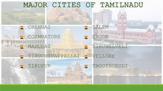 MAJOR CITIES OF TAMILNADU
SALEM
ERODE
TIRUNELVELI
VELLORE
THOOTHUKUDI
CHENNAI
COIMBATORE
MADURAI
TIRUCHIRAPPALLAI
TIRUPUR
 