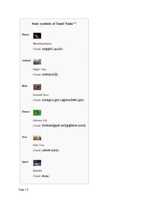 Page | 4
State symbols of Tamil Nadu[38]
Dance
Bharathanattiyam
(Tamil: பரதநாட்டியம்)
Animal
Nilgiri Tahr
(Tamil: வரரயாடு)
Bird
Emerald Dove
(Tamil: மரகதப் புறா,பஞ்சவர்ண புறா)
Flower
Gloriosa Lily
(Tamil: சசங்காந்தள்,கார்த்திரக மலர்)
Tree
Palm Tree
(Tamil: பரை மரம்)
Sport
Kabaddi
(Tamil: கபடி)
 