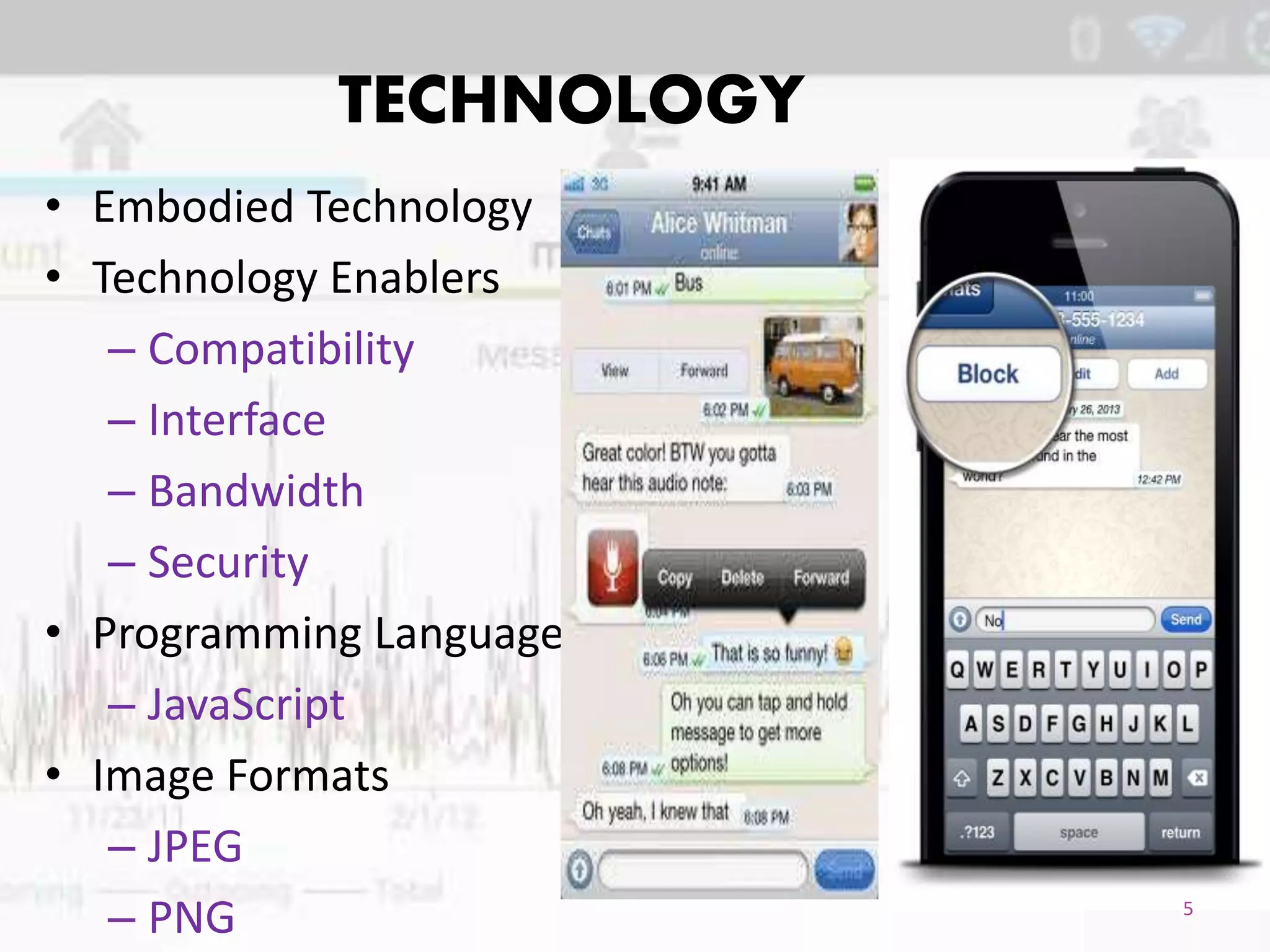 TECHNOLOGY
• Embodied Technology
• Technology Enablers
– Compatibility
– Interface
– Bandwidth
– Security
• Programming Language
– JavaScript
• Image Formats
– JPEG
– PNG 5
 
