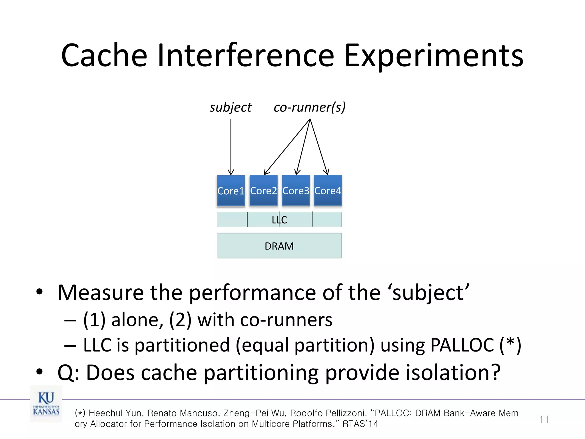 Cache Interference Experiments
• Measure the performance of the ‘subject’
– (1) alone, (2) with co-runners
– LLC is partitioned (equal partition) using PALLOC (*)
• Q: Does cache partitioning provide isolation?
11
DRAM
LLC
Core1 Core2 Core3 Core4
subject co-runner(s)
(*) Heechul Yun, Renato Mancuso, Zheng-Pei Wu, Rodolfo Pellizzoni. “PALLOC: DRAM Bank-Aware Mem
ory Allocator for Performance Isolation on Multicore Platforms.” RTAS’14
 