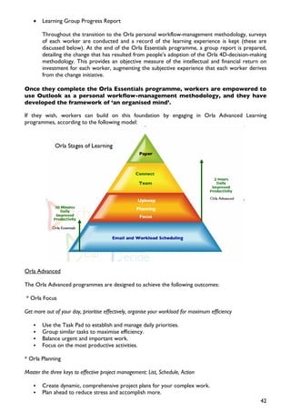•   Learning Group Progress Report

        Throughout the transition to the Orla personal workflow-management methodology, surveys
        of each worker are conducted and a record of the learning experience is kept (these are
        discussed below). At the end of the Orla Essentials programme, a group report is prepared,
        detailing the change that has resulted from people’s adoption of the Orla 4D-decision-making
        methodology. This provides an objective measure of the intellectual and financial return on
        investment for each worker, augmenting the subjective experience that each worker derives
        from the change initiative.

Once they complete the Orla Essentials programme, workers are empowered to
use Outlook as a personal workflow-management methodology, and they have
developed the framework of ‘an organised mind’.

If they wish, workers can build on this foundation by engaging in Orla Advanced Learning
programmes, according to the following model:




Orla Advanced

The Orla Advanced programmes are designed to achieve the following outcomes:

* Orla Focus

Get more out of your day, prioritise effectively, organise your workload for maximum efficiency

        Use the Task Pad to establish and manage daily priorities.
        Group similar tasks to maximise efficiency.
        Balance urgent and important work.
        Focus on the most productive activities.

* Orla Planning

Master the three keys to effective project management: List, Schedule, Action

        Create dynamic, comprehensive project plans for your complex work.
        Plan ahead to reduce stress and accomplish more.
                                                                                                  42
 