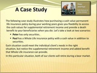 Peterand PaulBoth Retirees in a Bear MarketA Case StudyThe following case study illustrates how purchasing a cash value permanent life insurance policy during your working years gives you flexibility to access the cash values for supplemental retirement income and provide a death benefit to your beneficiaries when you die. Let's take a look at two scenarios:Peterhas only securities.