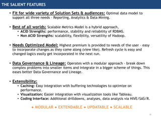 THE SALIENT FEATURES
28
• Fit for wide variety of Solution Sets & audiences: Optimal data model to
support all three needs – Reporting, Analytics & Data Mining.
• Best of all worlds: Scalable Metrics Model is a hybrid approach,
• ACID Strengths: performance, stability and reliability of RDBMS.
• Non ACID Strengths: scalability, flexibility, versatility of Hadoop.
• Needs Optimized Model: Highest premium is provided to needs of the user – easy
to incorporate changes as they come along (view like). Refresh cycle is easy and
changed logics easily get incorporated in the next run.
• Data Governance & Lineage: Operates with a modular approach – break down
complex problems into smaller items and integrate in a bigger scheme of things. This
eases better Data Governance and Lineage.
• Extensibility:
• Caching: Easy integration with buffering technologies to optimize on
performance.
• Visualization: Easier integration with visualization tools like Tableau.
• Coding Interface: Additional drilldowns, analyses, data analysis via HIVE/SAS/R.
● MODULAR ● EXTENDABLE ● UPDATABLE ● SCALABLE
 