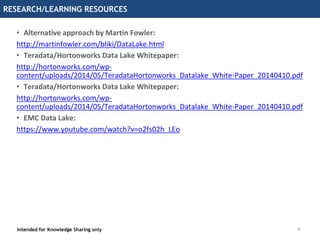 36
RESEARCH/LEARNING RESOURCES
Intended for Knowledge Sharing only
• Alternative approach by Martin Fowler:
http://martinfowler.com/bliki/DataLake.html
• Teradata/Hortonworks Data Lake Whitepaper:
http://hortonworks.com/wp-
content/uploads/2014/05/TeradataHortonworks_Datalake_White-Paper_20140410.pdf
• Teradata/Hortonworks Data Lake Whitepaper:
http://hortonworks.com/wp-
content/uploads/2014/05/TeradataHortonworks_Datalake_White-Paper_20140410.pdf
• EMC Data Lake:
https://www.youtube.com/watch?v=o2fs02h_LEo
36
 