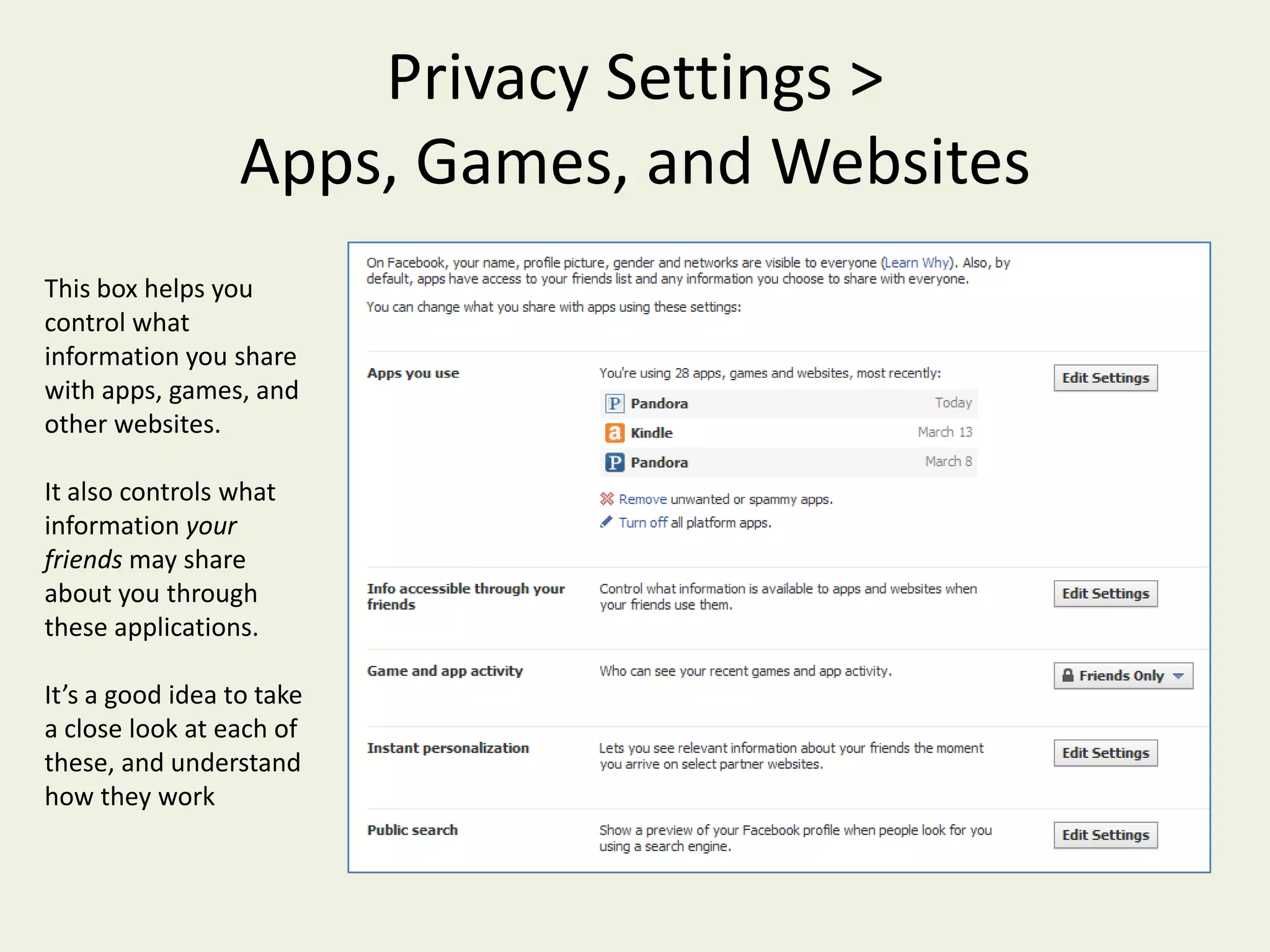 Privacy Settings > Sharing on Facebook > Custom Settings > Things I ShareWhen you click “Custom”, the Custom Privacy box pops, which we saw before with customizing privacy for individual posts.Once again, this lets you make things visible to certain groups and networks.And invisible to specified people or lists of people. 