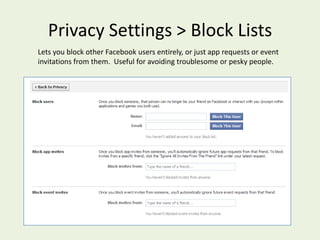 Privacy Settings > Sharing on Facebook > Custom Settings > Things Others Share and Contact InfoHere you can control what people share about you, such as tagged photos, or places friends check you into.  Both of these things are potential privacy risks.Here you can control who can see your basic contact information on your Info page.