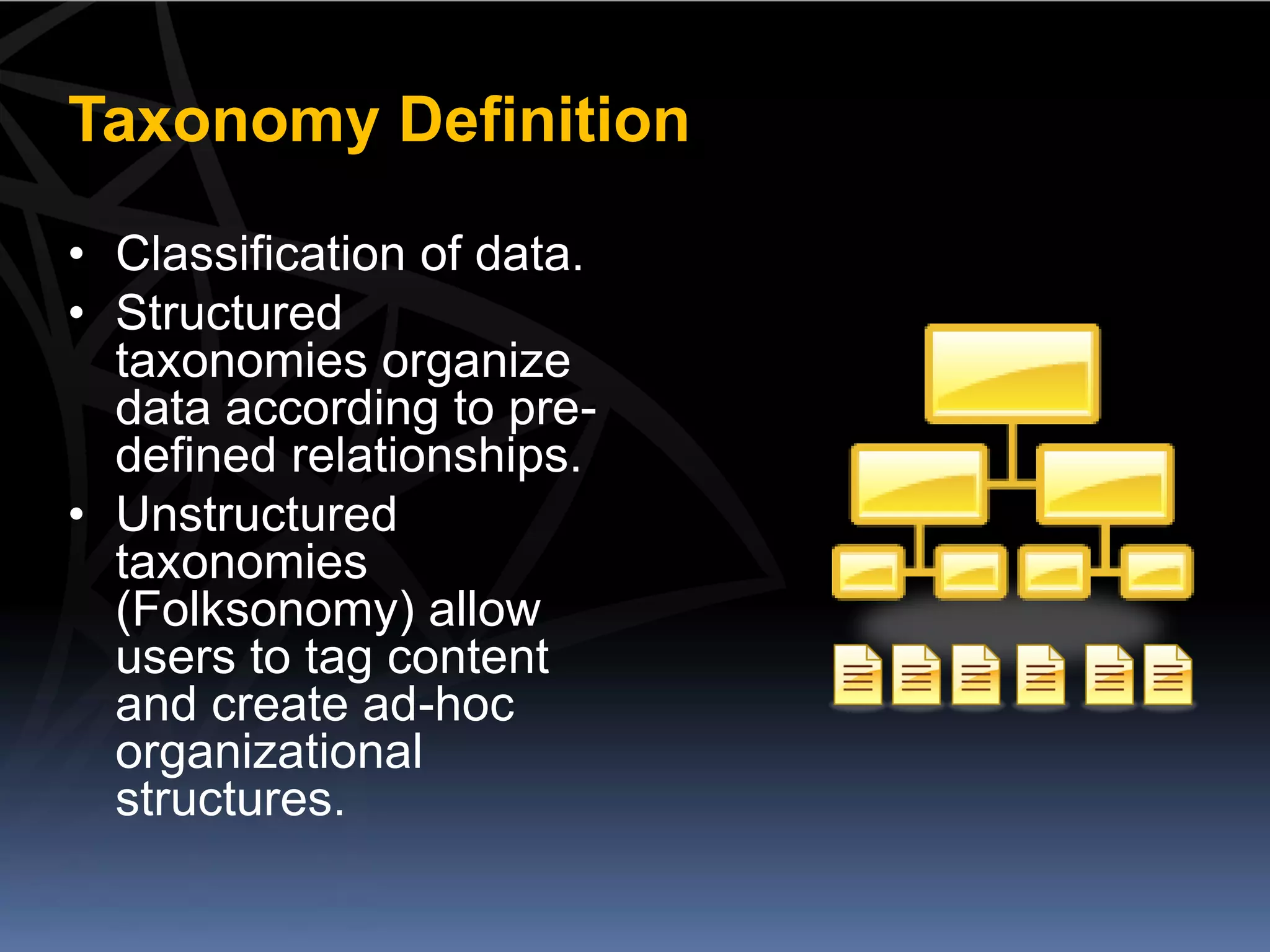 Taxonomy Definition

• Classification of data.
• Structured
  taxonomies organize
  data according to pre-
  defined relationships.
• Unstructured
  taxonomies
  (Folksonomy) allow
  users to tag content
  and create ad-hoc
  organizational
  structures.
 