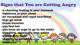 Signs that You are Getting Angry
•a churning feeling in your stomach
•tightness in your chest
•an increased and rapid heartbeat
•legs go weak
•tense muscles
•you feel hot
•you have an urge to go to the toilet
•sweating, especially your palms
•a pounding head
•shaking or trembling
•dizziness
 