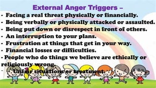 External Anger Triggers –
- Facing a real threat physically or financially.
- Being verbally or physically attacked or assaulted.
- Being put down or disrespect in front of others.
- An interruption to your plans.
- Frustration at things that get in your way.
- Financial losses or difficulties.
- People who do things we believe are ethically or
religiously wrong.
- - Unfair situations or treatment.
 