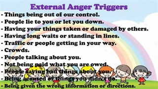 - Things being out of our control.
- People lie to you or let you down.
- Having your things taken or damaged by others.
- Having long waits or standing in lines.
- Traffic or people getting in your way.
- Crowds.
- People talking about you.
- Not being paid what you are owed.
- People saying bad things about you.
- Being accused of things you didn’t do.
- Being given the wrong information or directions.
External Anger Triggers
 
