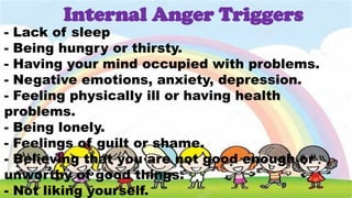 Internal Anger Triggers
- Lack of sleep
- Being hungry or thirsty.
- Having your mind occupied with problems.
- Negative emotions, anxiety, depression.
- Feeling physically ill or having health
problems.
- Being lonely.
- Feelings of guilt or shame.
- Believing that you are not good enough or
unworthy of good things.
- Not liking yourself.
 