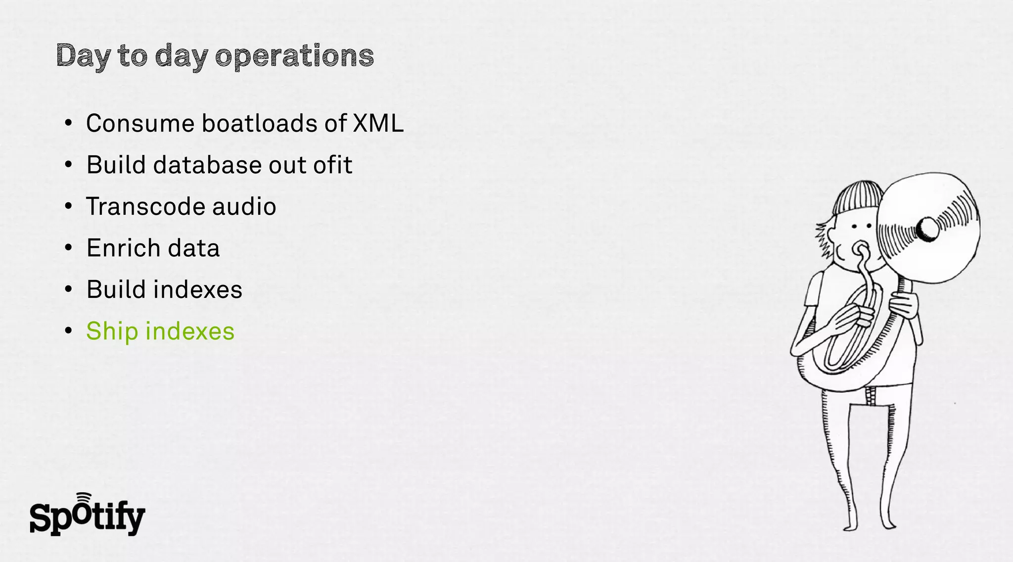 Day to day operations

• Consume boatloads of XML
• Build database out ofit
• Transcode audio
• Enrich data
• Build indexes
• Ship indexes
 