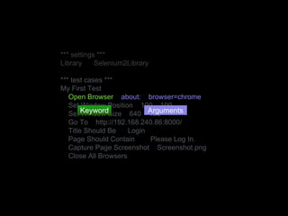 *** settings ***
Library Selenium2Library
*** test cases ***
My First Test
Open Browser about: browser=chrome
Set Window Position 100 100
Set Window Size 640 480
Go To http://192.168.240.86:8000/
Title Should Be Login
Page Should Contain Please Log In.
Capture Page Screenshot Screenshot.png
Close All Browsers
Keyword Arguments
 