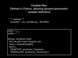 *** settings ***
Variables sut_variables.py ${HOME}
VAR1 = [...]
VAR2 = "..."
def get_variables(*args):
from os.path import abspath, join
home = abspath(args[0])
return {
'DESKTOP': join(home, 'Desktop'),
'DOWNLOAD': join(home, 'Download') }
Variable files:
Defined in Python, allowing dynamic/parametric
variable definitions
 