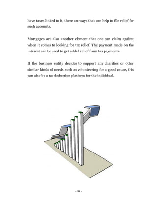 - 10 -
have taxes linked to it, there are ways that can help to file relief for
such accounts.
Mortgages are also another element that one can claim against
when it comes to looking for tax relief. The payment made on the
interest can be used to get added relief from tax payments.
If the business entity decides to support any charities or other
similar kinds of needs such as volunteering for a good cause, this
can also be a tax deduction platform for the individual.
 