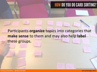 taming	
  taxonomy	
  |	
  @albertatrebla UX	
  Cambridge	
  2013
OPEN CARD SORTING
Par<cipants	
  organize	
  topics	
  into	
  groups	
  that	
  
make	
  sense	
  to	
  them,	
  then	
  name	
  the	
  groups.
source flickr.com/photos/nedrichards/
 