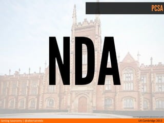 taming	
  taxonomy	
  |	
  @albertatrebla UX	
  Cambridge	
  2013
PCSA TOOL AND API
PredicMve	
  CogniMve	
  SemanMc	
  Analysis
(exp.	
  release	
  2014)
source gerard1972.deviantart.com
• Solid	
  taxonomy
• Comparable	
  sitemaps	
  (CI	
  97.2%-­‐99.71)
• Increased	
  ﬁndability,	
  bejer	
  SEO
 