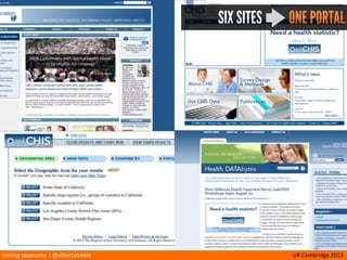 taming	
  taxonomy	
  |	
  @albertatrebla UX	
  Cambridge	
  2013
SIX SITES ONE PORTAL
 