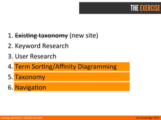 GO!
taming	
  taxonomy	
  |	
  @albertatrebla UX	
  Cambridge	
  2013
THE EXERCISE
 