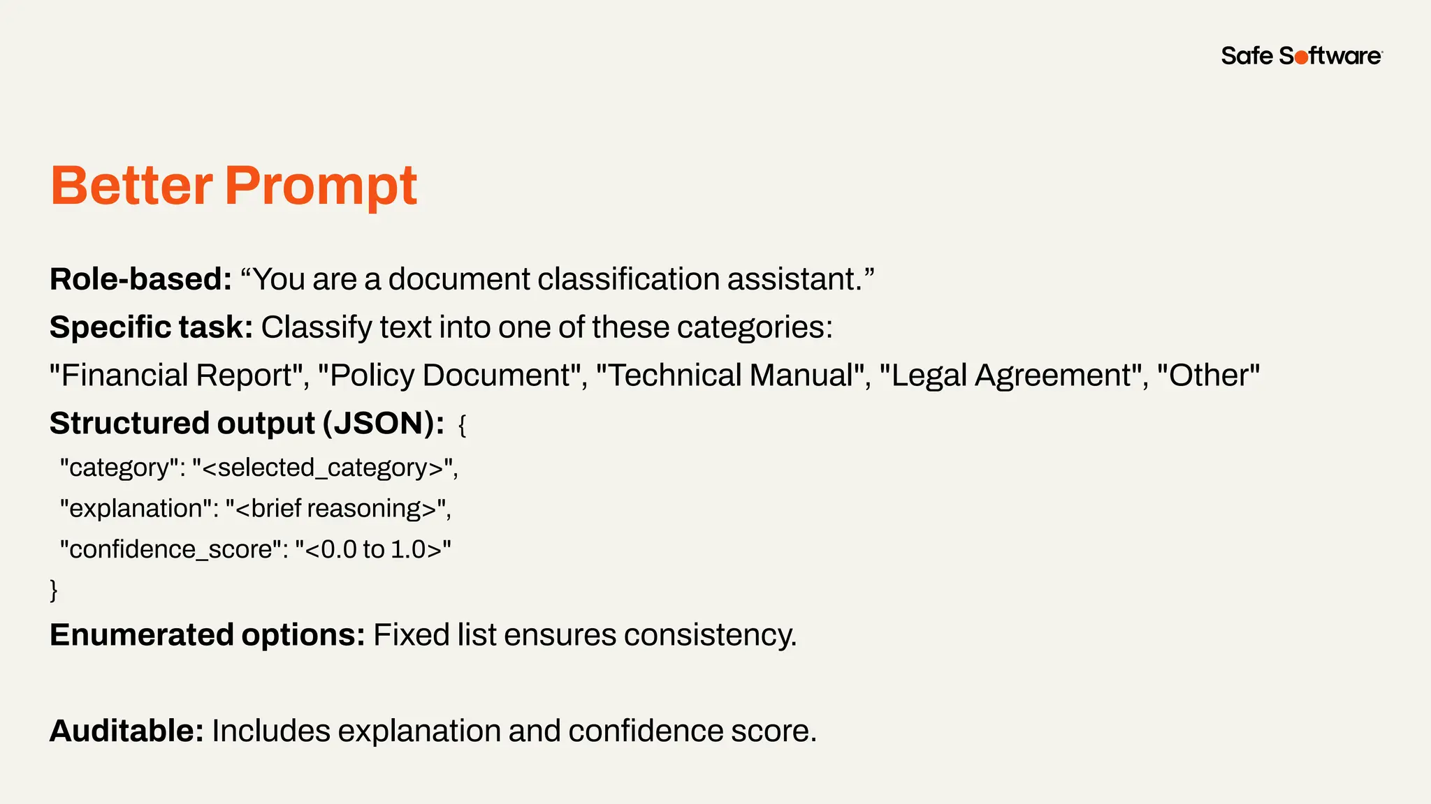Better Prompt
Role-based: “You are a document classiﬁcation assistant.”
Speciﬁc task: Classify text into one of these categories:
"Financial Report", "Policy Document", "Technical Manual", "Legal Agreement", "Other"
Structured output (JSON): {
"category": "<selected_category>",
"explanation": "<brief reasoning>",
"conﬁdence_score": "<0.0 to 1.0>"
}
Enumerated options: Fixed list ensures consistency.
Auditable: Includes explanation and conﬁdence score.
 