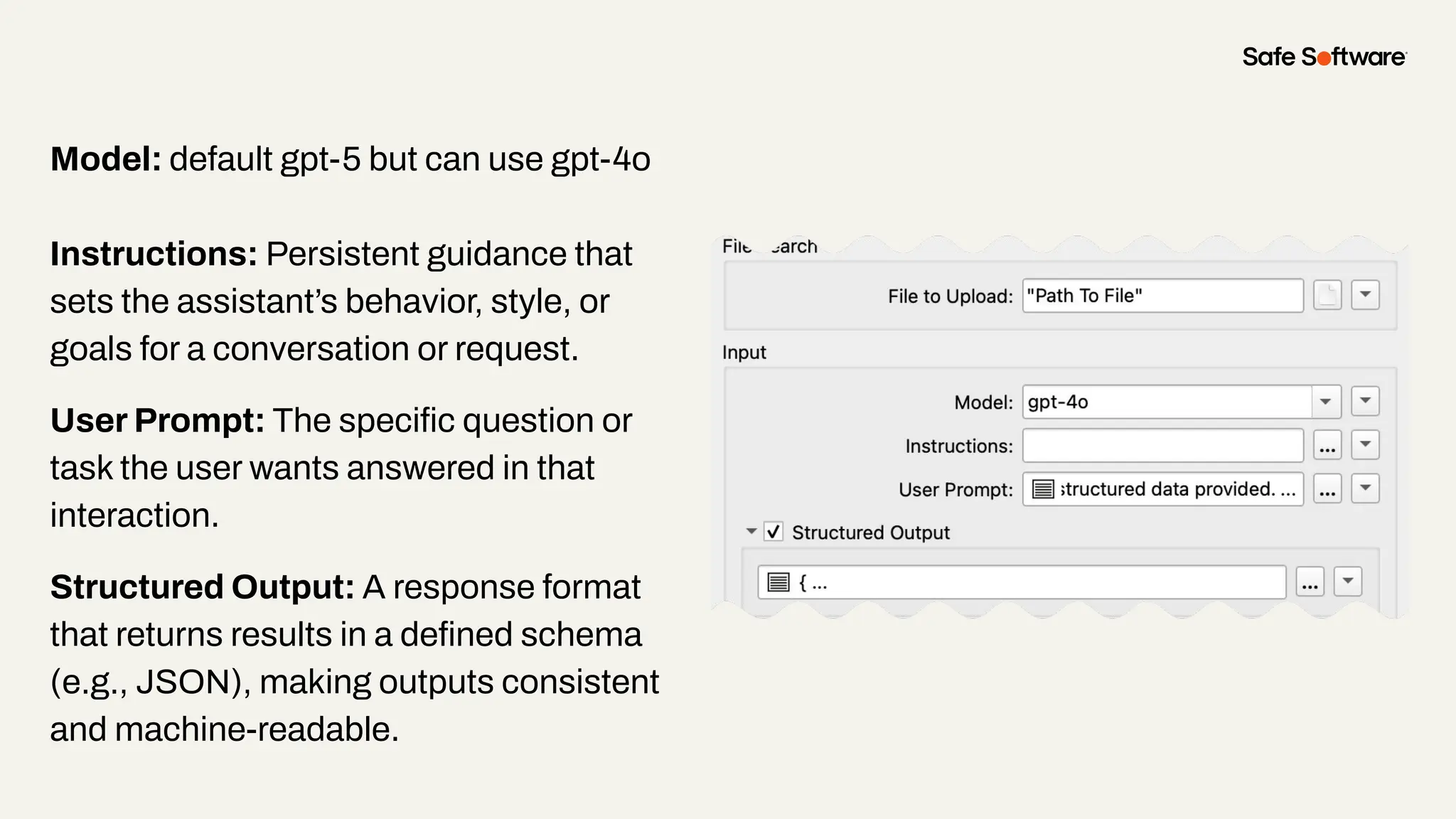 Model: default gpt-5 but can use gpt-4o
Instructions: Persistent guidance that
sets the assistant’s behavior, style, or
goals for a conversation or request.
User Prompt: The speciﬁc question or
task the user wants answered in that
interaction.
Structured Output: A response format
that returns results in a deﬁned schema
(e.g., JSON), making outputs consistent
and machine-readable.
 