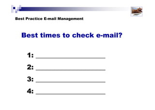 7 Reasons Why You Should NOT
Use E-mail for Urgent Messages
1. Lack of background detail, richness and context
2. E-mail can be easily misunderstood
3. It can actually take LONGER to fully communicate your message
4. The synchronicity of e-mail as a sender
5. The synchronicity of e-mail as a receiver
6. It’s the wrong ‘mode’ for urgent communication
7. Limits your control of e-mail
Solutions for Success 2013 www.emailtiger.com.au
 