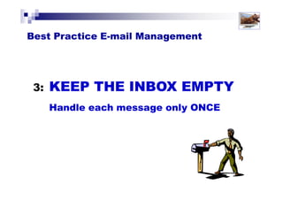 Solutions for Success 2013 www.emailtiger.com.au
My New Personal E-mail Policy
In an effort to increase my personal productivity and efficiency I am implementing a new
approach to managing my email. I have recently come to understand that I spend too
much time shuffling through a stack of emails in my inbox and not enough time focusing
on my real work, that is, the stuff I'm actually paid to do! Email has become an
unnecessary distraction that is creating longer lead times on my ever-growing 'to-do' list.
Consequently, I have decided that serious change is required. Therefore, I will now only be
checking and responding to my email at approx. noon and 4pm on weekdays. I shall try to
get back to you via email in a timely manner and will most certainly be handling my email
in a way that is seen as professional and responsive. Therefore, if you need a response
from me outside of these times, please do call me on my mobile number. It'd be good to
hear your voice anyway - much more personal than electronic mail!
I trust my new approach to email helps you get the most out of me. For my part, I believe
it will allow me to spend more time on productive work output and creating value for my
organisation. Thanks greatly; I'm looking forward to putting email back where it belongs;
supporting my work, not driving it!
Managing Expectations
 