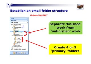Best Practice Email Management
3: KEEP THE INBOX EMPTY (handle each message only ONCE)
4: STORE messages & attachments appropriately
2: SCHEDULE times to monitor & process email
(rather than react as they arrive)
1: Use CALENDAR view as your default (rather than the Inbox)
Solutions for Success 2013 www.emailtiger.com.au
 