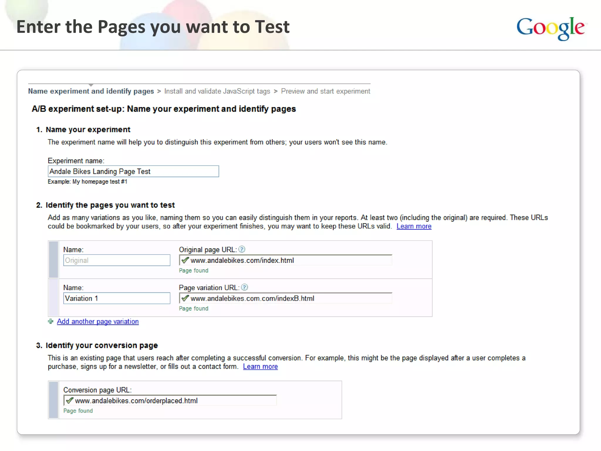 Enter the Pages you want to Test 
