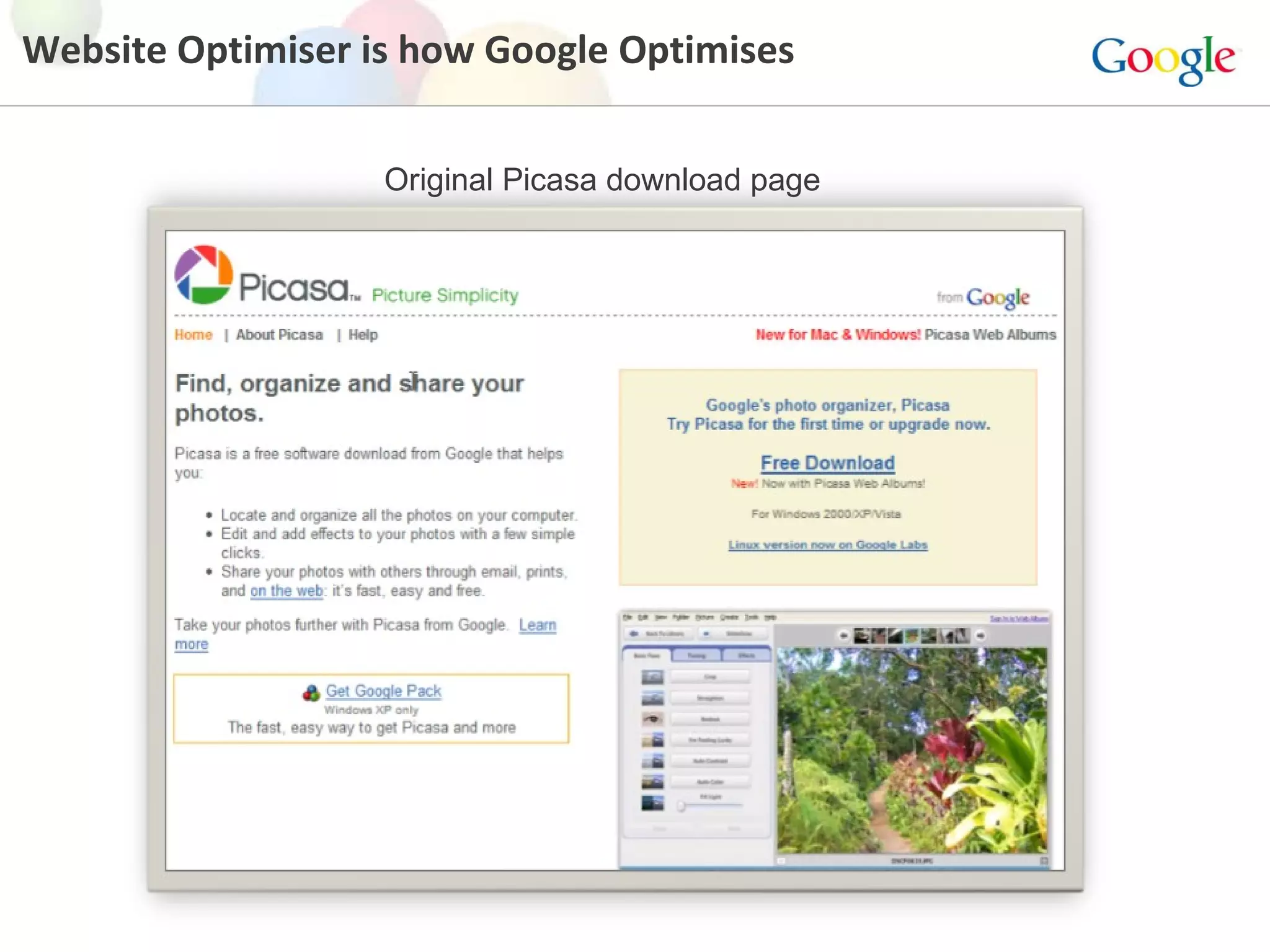 Website Optimiser is how Google Optimises Original Picasa download page 