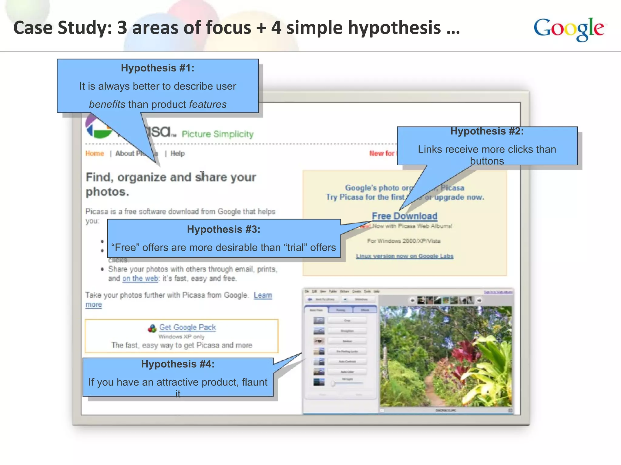 Case Study: 3 areas of focus + 4 simple hypothesis … Hypothesis #1: It is always better to describe user benefits  than product  features Hypothesis #2: Links receive more clicks than buttons Hypothesis #3: “ Free” offers are more desirable than “trial” offers Hypothesis #4: If you have an attractive product, flaunt it 