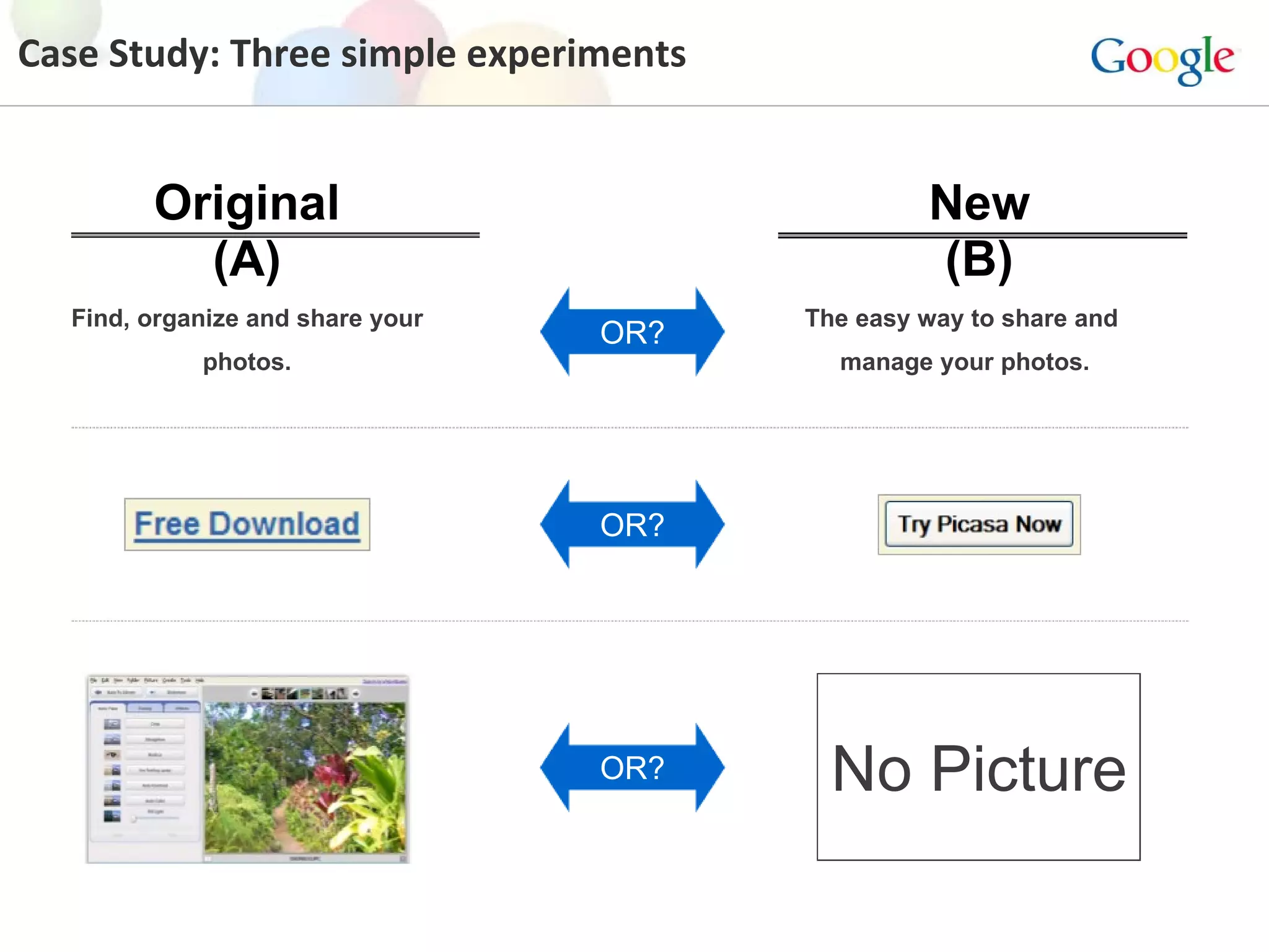 Case Study: Three simple experiments OR? OR? OR? Find, organize and share your photos. Original (A) The easy way to share and  manage your photos. No Picture New (B) 