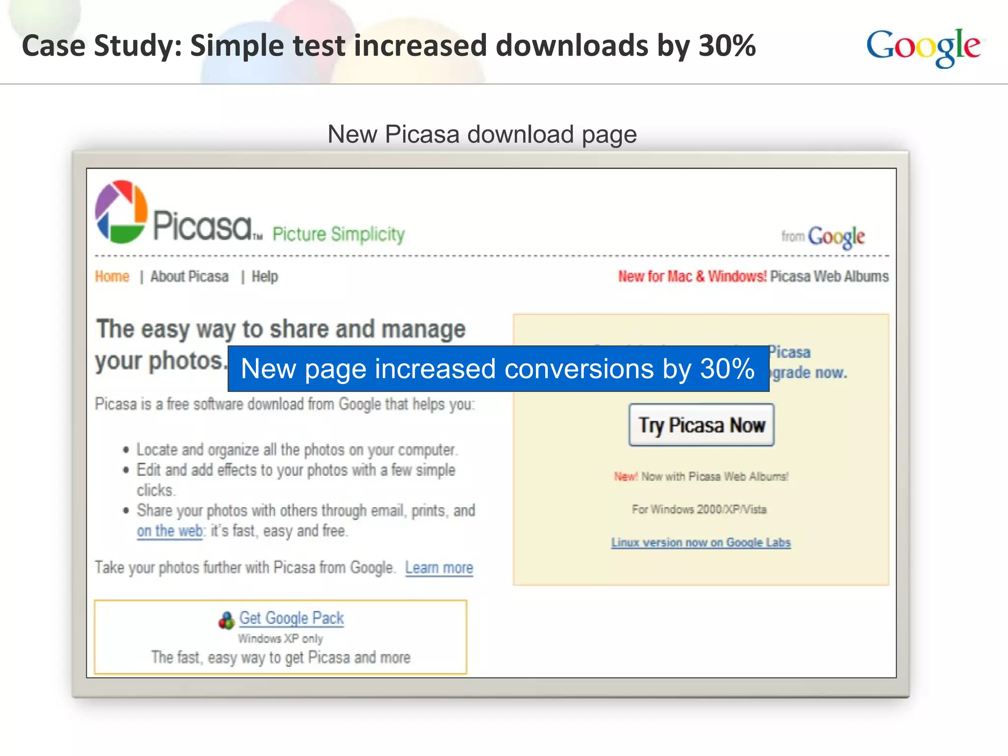 Case Study: Simple test increased downloads by 30%  New Picasa download page New page increased conversions by 30% 