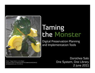 Taming
                                                      the Monster
                                                      Digital Preservation Planning
                                                      and Implementation Tools



                                                                         Dorothea Salo
Photo: “Happy Easter, to my Peeps”
http://www.ﬂickr.com/photos/76074333@N00/449028423/             One System, One Library
WorldIslandInfo.com / CC-BY 2.0
                                                                           2 June 2011
 