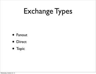 Exchange Types

                    • Fanout
                    • Direct
                    • Topic


Wednesday, October 24, 12
 