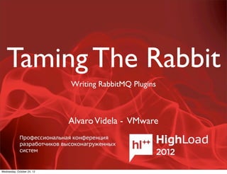 Taming The Rabbit
                            Writing RabbitMQ Plugins



                            Alvaro Videla - VMware




Wednesday, October 24, 12
 