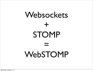 Websockets
                                +
                             STOMP
                                =
                            WebSTOMP
Wednesday, October 24, 12
 