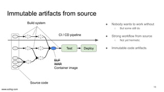 www.scling.com
Immutable artifacts from source
18
Test Deploy
ELF
WAR
Container image
Source code
Build system
CI / CD pipeline
● Nobody wants to work without
○ But some still do
● Strong workflow from source
○ Not yet hermetic
● Immutable code artifacts
 