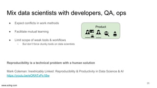www.scling.com
Mix data scientists with developers, QA, ops
25
● Expect conflicts in work methods
● Facilitate mutual learning
● Limit scope of weak tools & workflows
○ But don’t force clunky tools on data scientists
Reproducibility is a technical problem with a human solution
Mark Coleman: Inextricably Linked: Reproducibility & Productivity in Data Science & AI
https://youtu.be/eORATxPx1Bw
Product
 