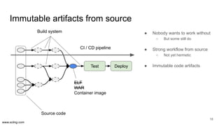 www.scling.com
Immutable artifacts from source
18
Test Deploy
ELF
WAR
Container image
Source code
Build system
CI / CD pip...