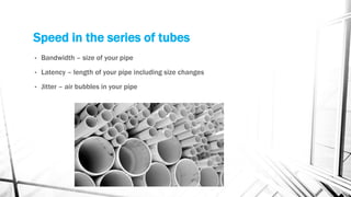 Speed in the series of tubes
• Bandwidth – size of your pipe
• Latency – length of your pipe including size changes
• Jitter – air bubbles in your pipe
 