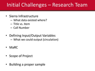 Initial Challenges – Research Team 
• Sierra Infrastructure 
– What data existed where? 
– Title vs. Item 
– Call Number 
• Defining Input/Output Variables 
– What we could output (circulation) 
• MaRC 
• Scope of Project 
• Building a proper sample 
 