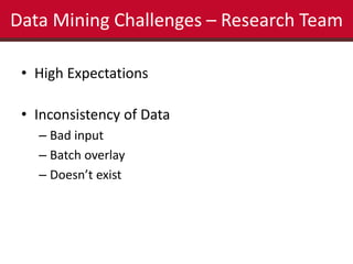 Data Mining Challenges – Research Team 
• High Expectations 
• Inconsistency of Data 
– Bad input 
– Batch overlay 
– Doesn’t exist 
 