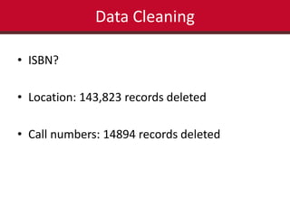 • ISBN? 
Data Cleaning 
• Location: 143,823 records deleted 
• Call numbers: 14894 records deleted 
 