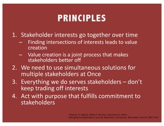 PRINCIPLES
1. Stakeholder interests go together over time
– Finding intersections of interests leads to value
creation
– Value creation is a joint process that makes
stakeholders better off
2. We need to use simultaneous solutions for
multiple stakeholders at Once
3. Everything we do serves stakeholders – don’t
keep trading off interests
4. Act with purpose that fulfills commitment to
stakeholders
Freeman, R. Edward, Jeffrey S. Harrison, and Andrew C. Wicks.
Managing for Stakeholders: Survival, Reputation, and Success. New Haven: Yale UP, 2007. Print.
 