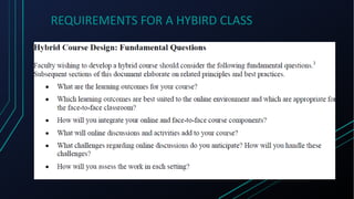 REQUIREMENTS FOR A HYBIRD CLASS
• 50% F2F Class and 50% Online (exterior work)
 